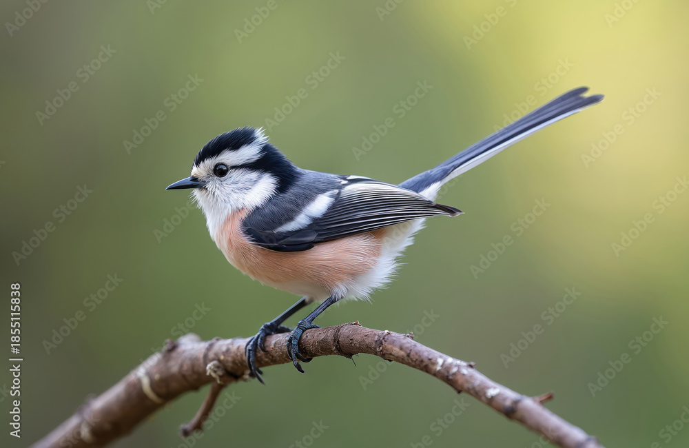 Obraz premium Small bird with long tail rests on tree branch. Tiny tit has grey black white pink feathers. Wildlife nature scene on blurred green background.