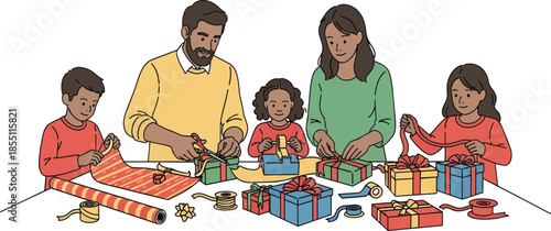 Family wrapping gifts together at home table