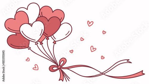 Vibrant heart balloons floating with red ribbon and hearts