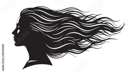 A striking black vector silhouette of a woman's profile featuring long, wavy hair that is elegantly flowing in the wind..