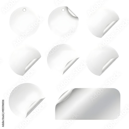Collection of Realistic White Paper Stickers with Curled Corners.