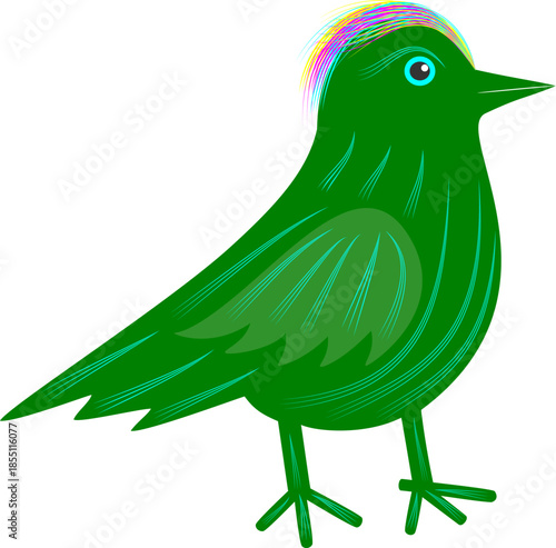 A green bird with a multi-colored crest