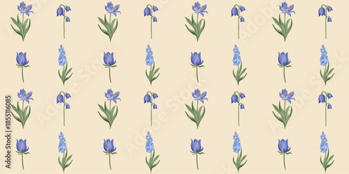 Vector seamless rectangular pattern with light violet spring flowers on a beige background. Ideal for fabric, wallpaper, packaging, stationery, wrapping, and elegant surface design.