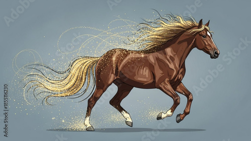 A brown horse with a blonde mane and tail runs dynamically against a gray background with motion lines and splashes of dirt around it
