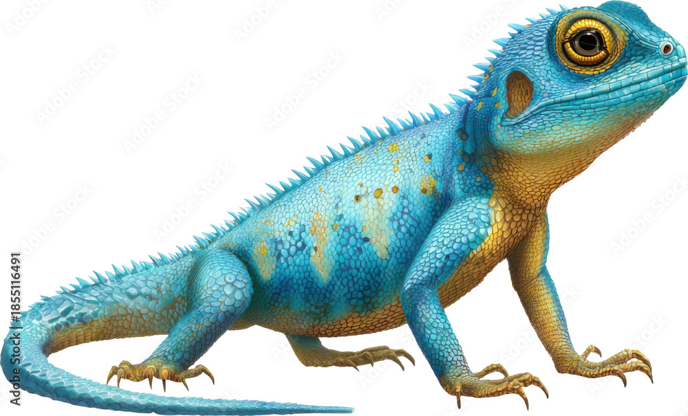 Fototapeta premium Vibrant blue lizard with yellow spots and spiky scales isolated on transparent background