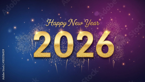 A vibrant digital illustration celebrating the Happy New Year 2026 with sparkling fireworks and golden text on a colorful background