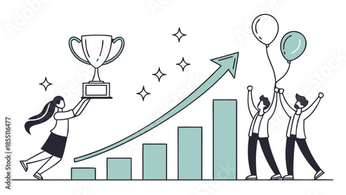 Business team celebrating success with trophy and growing graph