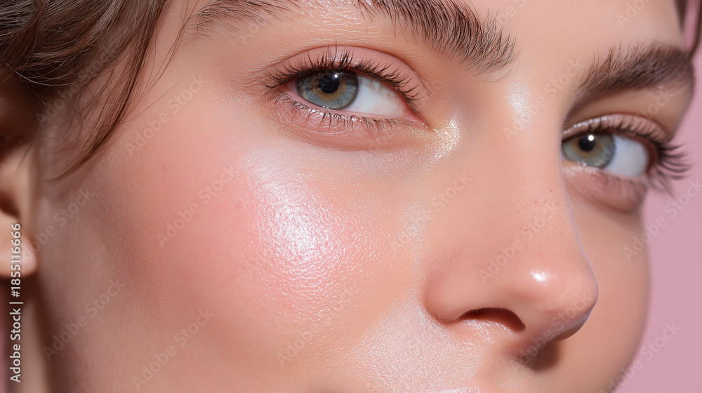 Obraz premium Beauty macro glow transition cheek pastel skin close up face natural healthy fresh smooth female young blue eye eyebrow eyelash nose pink background radiant soft delicate moisture skincare