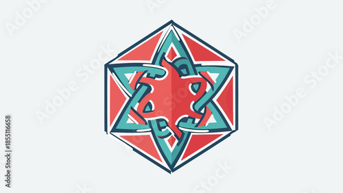 Geometric Abstract Symbol, Hexagonal Star, Red and Teal Design, Modern Icon