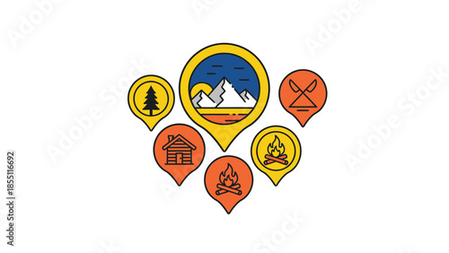 Outdoor Adventure Icons: Camping, Mountains, Cabin, Fire, Kayak, Pine Tree