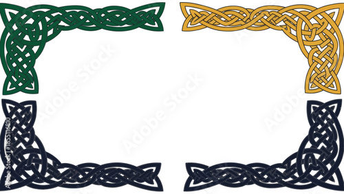 Celtic knot border corners in green, gold, and navy blue, isolated on white background