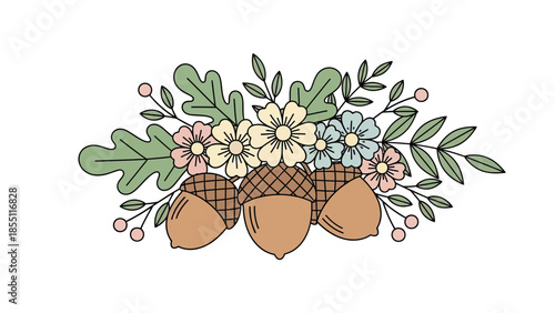 Autumn Acorn and Flower Arrangement - Fall Season Decorative Element
