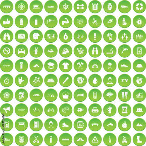 100 rafting icons set green circle