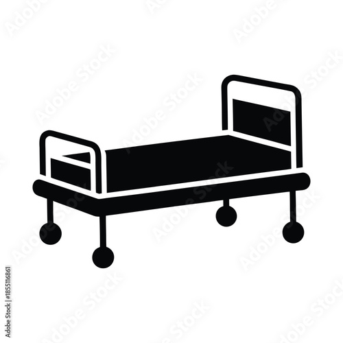 Simple black and white icon of a hospital bed with wheels, representing healthcare and medical facilities