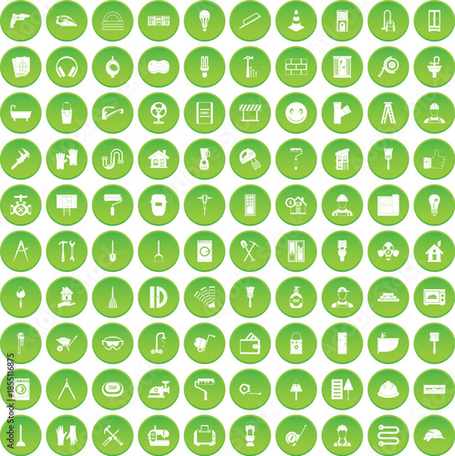 100 renovation icons set green circle