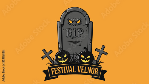 Spooky Halloween Gravestone with Jack-o'-lanterns and Crosses on Orange Background
