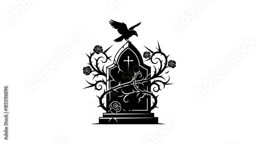 Gothic Tombstone With Raven and Roses Silhouette