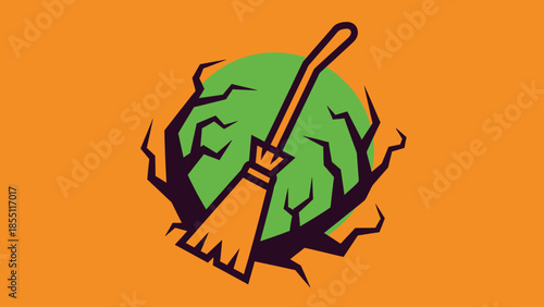 Halloween Witch Broomstick Flying Over Spooky Tree and Moon Icon