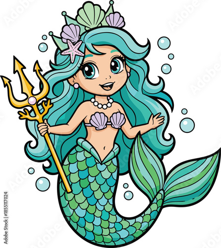 Cute, cartoon, mermaid, princess, character, turquoise, hair, golden, trident, seashell, crown, green, scales, bubbles, underwater, fantasy, isolated, white, background, vector.