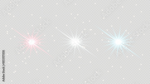 Dynamic set of sparkling light effects including red, white, and teal lens flares and stardust