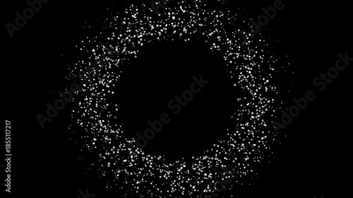 Abstract white glowing digital particles forming a rotating circle frame on black background