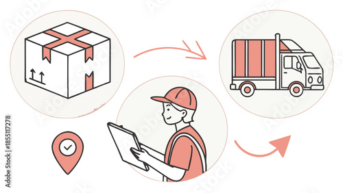 Delivery process illustration with package, courier, and truck vector