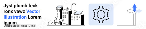 Urban buildings, gear icon symbolizing settings or engineering, and a directional arrow for decisions or navigation. Ideal for technology, development, infrastructure, planning, engineering