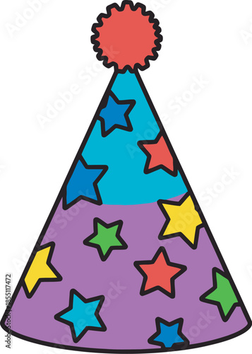 Colorful party hat with stars and pom pom decoration for birthday celebration festive fun