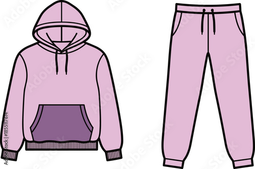 Hoodie, sweatpants, purple, casual, fashion, sketch, front, back, silhouette, posture, gesture, setup, vector, black, pose, flavector, minimal, garment, technical, flat, cad drawing flat vector
