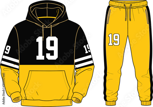 Hoodie, sweatpants, number 19, yellow, black, fashion, sketch, front, back, silhouette, posture, gesture, setup, vector, pose, flavector, minimal, garment, technical, cad drawing flat vector