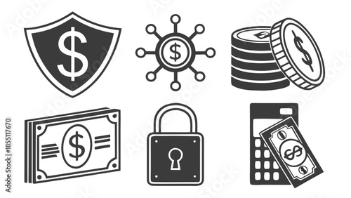 Set of 6 Black and White Financial Security and Money Vector Icons