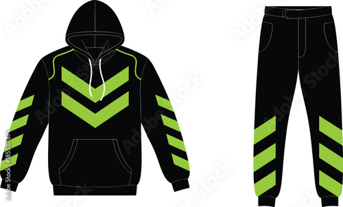 Tracksuit, hoodie, sweatpants, chevron, green, black, fashion, sketch, front, back, silhouette, posture, gesture, setup, vector, pose, flavector, minimal, garment, technical, cad drawing flat vector