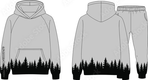 Hoodie, sweatpants, pine tree, forest, gray, fashion, sketch, front, back, silhouette, posture, gesture, setup, vector, black, pose, flavector, minimal, garment, technical, cad drawing flat vector