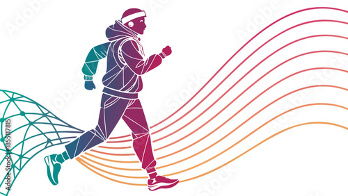Vibrant runner in motion with dynamic colorful waves background