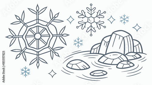 Snowflakes gently falling on serene icy landscape with rocks