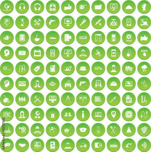 100 support icons set green circle