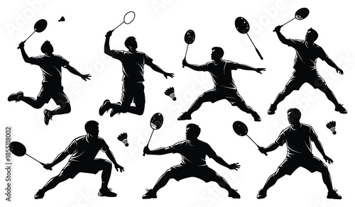 Badminton player silhouette set with rackets and shuttlecocks isolated on white background
