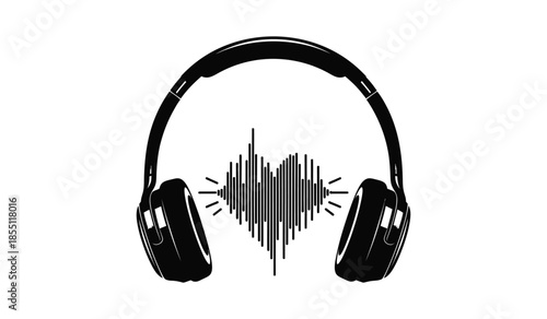 Black headphones with sound wave heart shape in center flat vector illustration design for music and audio concepts