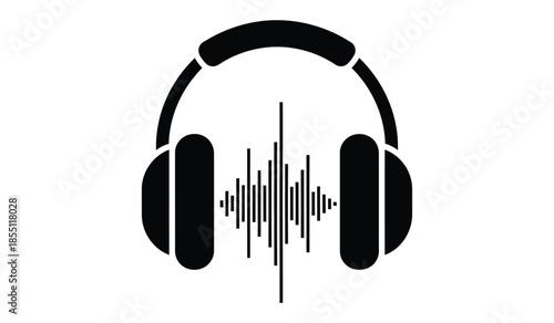 Black headphones with sound wave icon, audio playback symbol, music listening or recording concept, isolated on white background