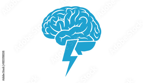 Brain with lightning bolt logo blue flat vector illustration for creativity and intelligence ideas