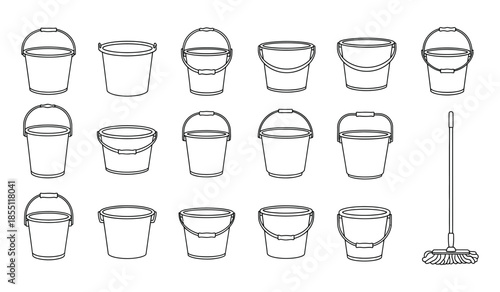 Buckets and mop outline icon set, plastic and metal pails with handle, cleaning equipment tools vector illustration isolated on white background