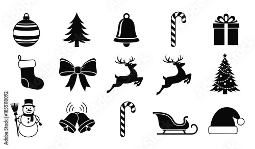 Christmas and new year icons set isolated on white background, festive holiday symbols including ornaments tree bell candy cane gift stocking snowman sleigh and santa hat