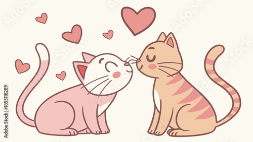 Adorable cartoon cats sharing a tender kiss surrounded by hearts