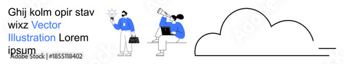 Cloud computing, teamwork, digital communication, business technology, collaboration, data storage. Two individuals, one with a laptop and megaphone cloud illustration on the right. Cloud computing