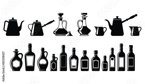 Collection of various black silhouette pitchers teapots and bottles in different shapes and styles for liquid storage