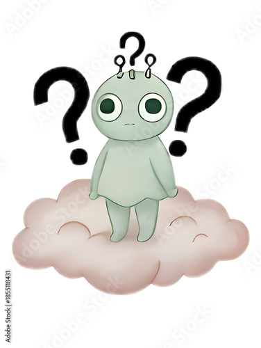 Fotografie Mysterious creature stands on a cloud with question marks above its head in an e