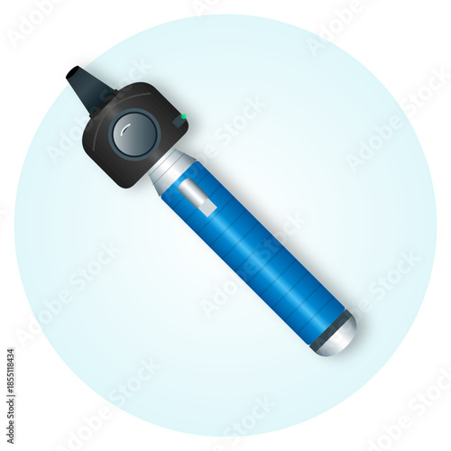 A detailed illustration of a modern otoscope with a blue handle and black head, used for ear examinations in medical settings.