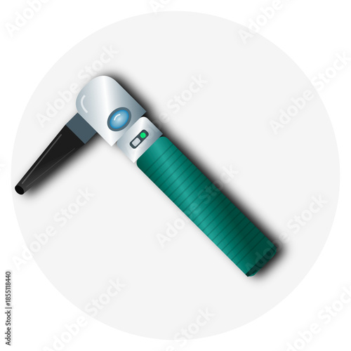 A detailed graphic illustration of a modern medical otoscope with a teal handle and silver head.