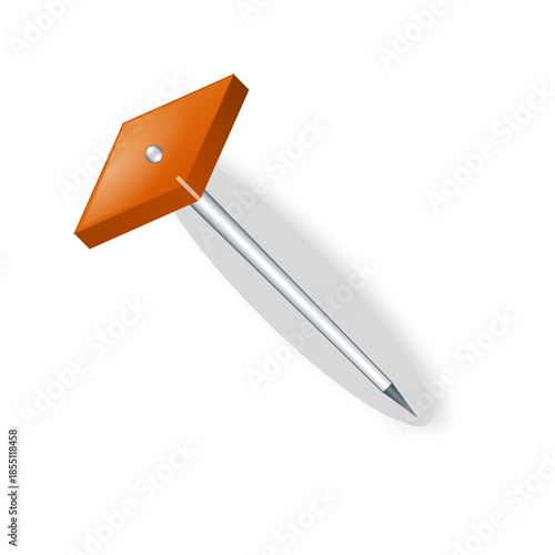 An orange diamond-shaped pushpin with a silver pin casts a shadow on a white background.