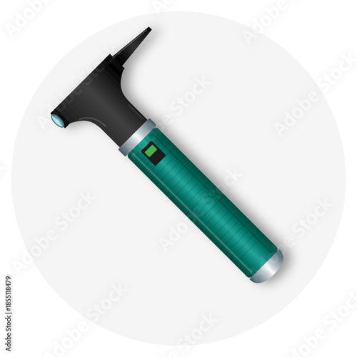 A detailed illustration of a modern otoscope with a teal handle and black head, used for ear examination.